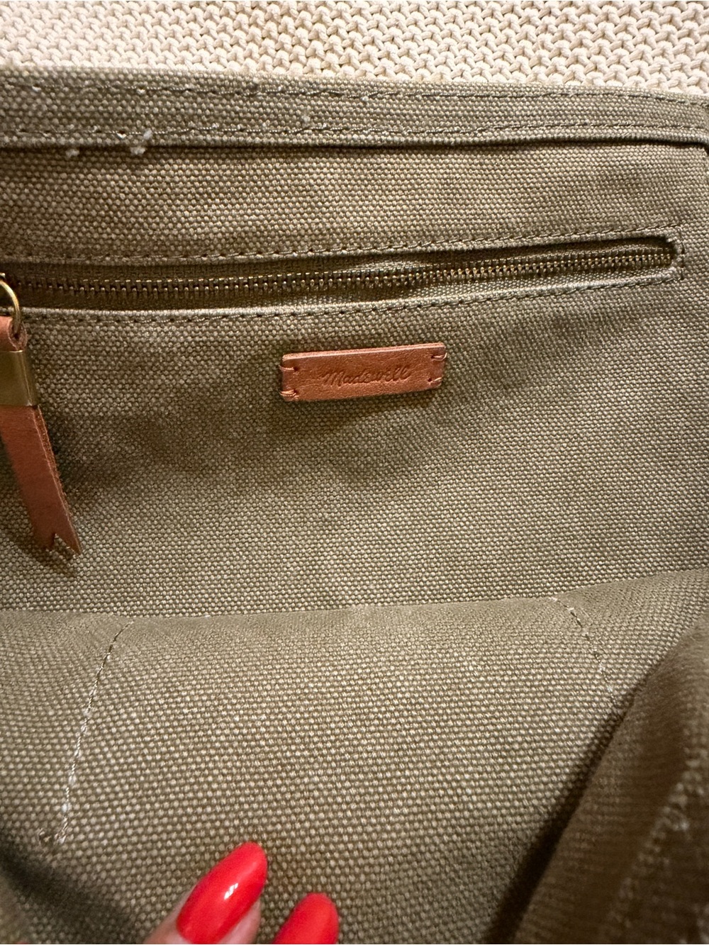 Madewell Olive Green Canvas Crossbody with Tan Leather Trim